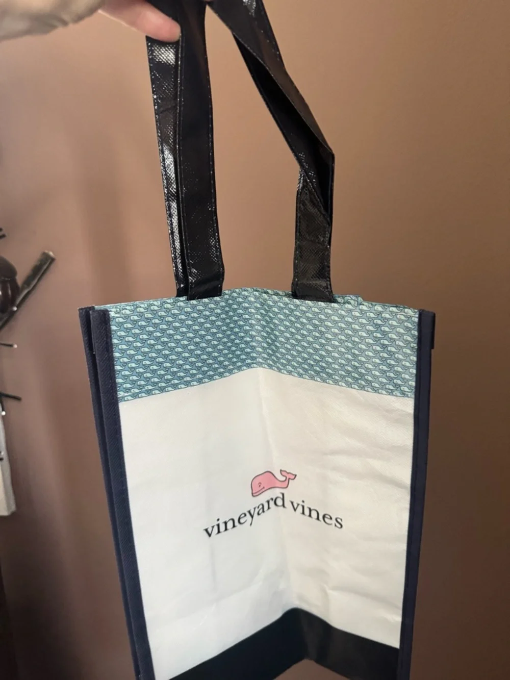 Vineyard Vines White Tote with Pink Whale and Navy Trim